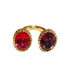 Gold Red Purple Stone Between the Finger Style Ring Sz 6